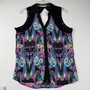 Maurices L Floral Chiffon Blouse Black Lace Cutout Y2K Indie Sleaze Boho
